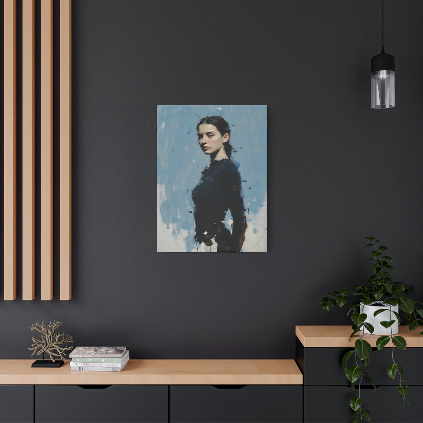 Matte Stretched Canvas Print — Portrait of a Young Woman, Moody Blue Figurative Art