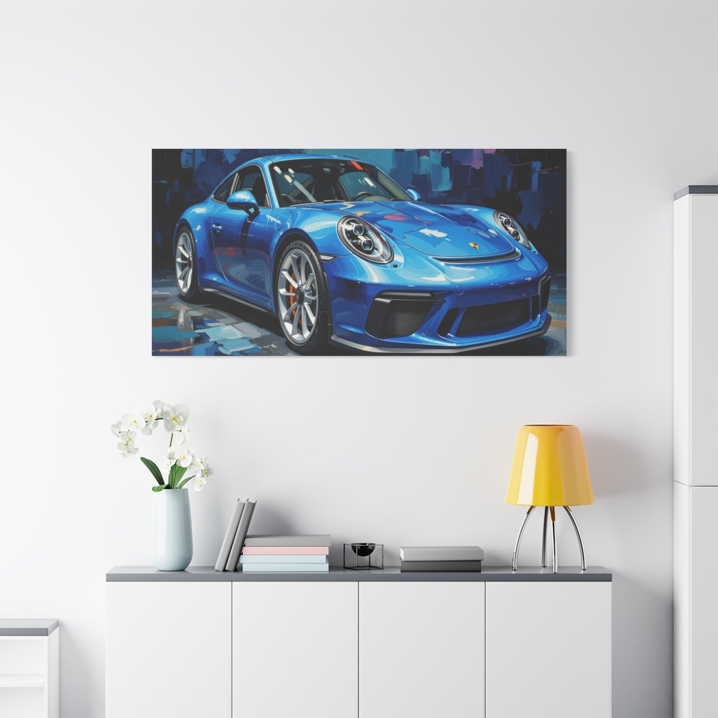 Blue Sports Car Canvas Wall Art — Modern Automotive Painting on Stretched Matte Canvas