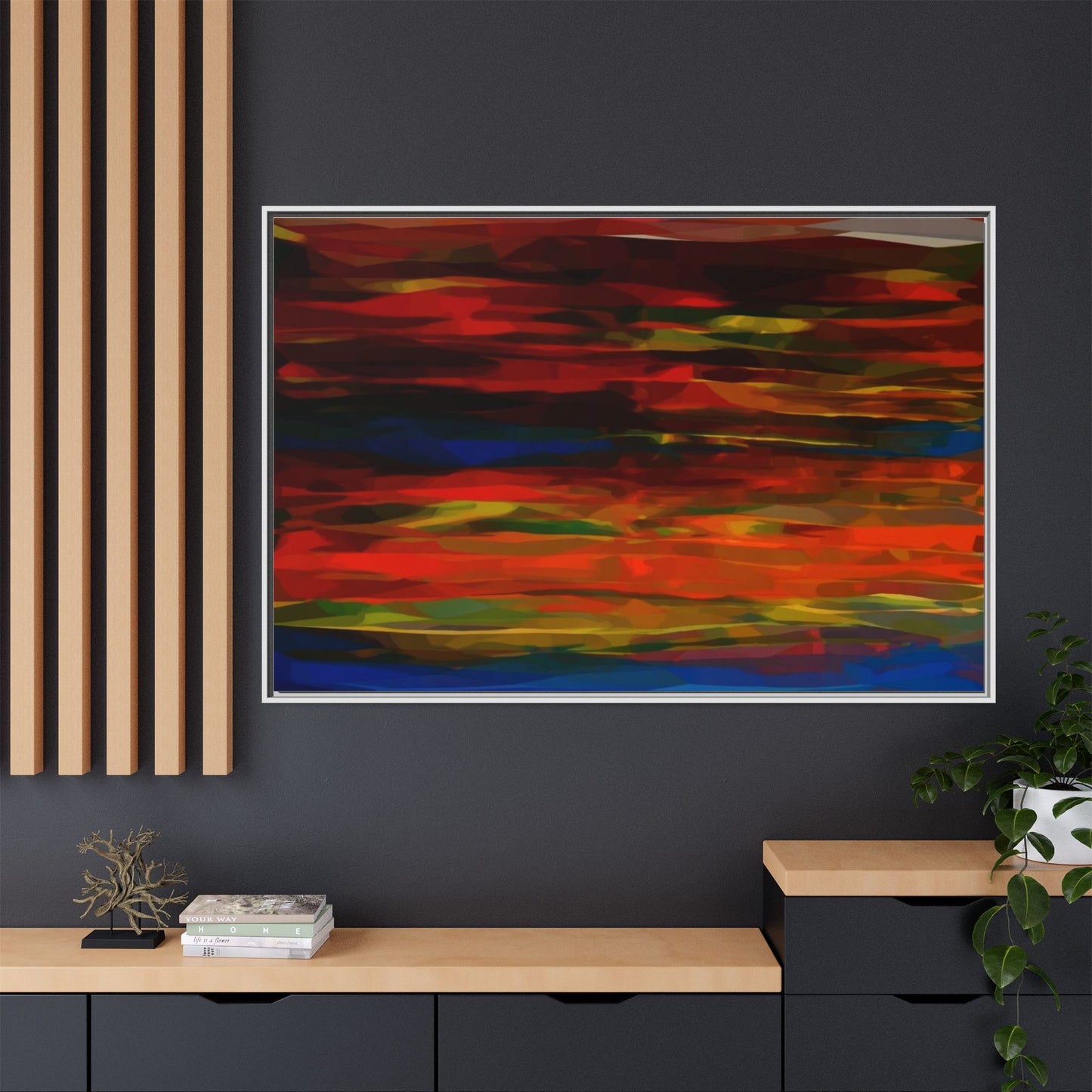 Abstract Multi-Color Matte Canvas Framed Wall Art — Bold Red & Blue Modern Painting