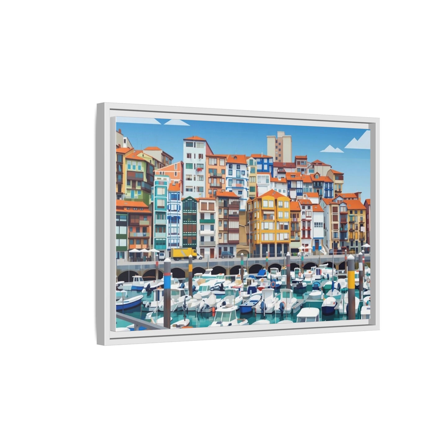 Framed Matte Canvas Print — Colorful Mediterranean Harbor Illustration