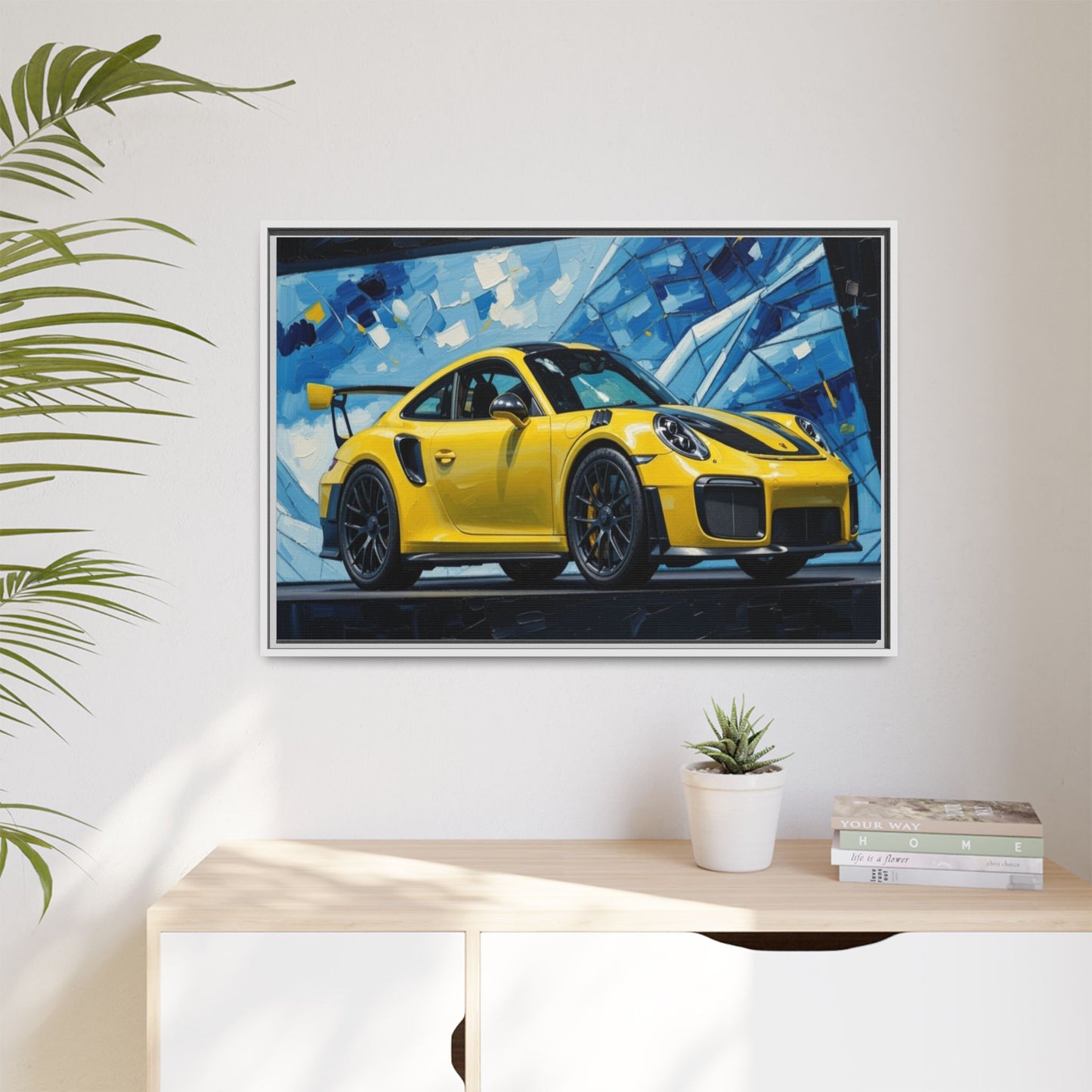 Yellow Porsche Sports Car Matte Framed Canvas – Modern Automotive Wall Art