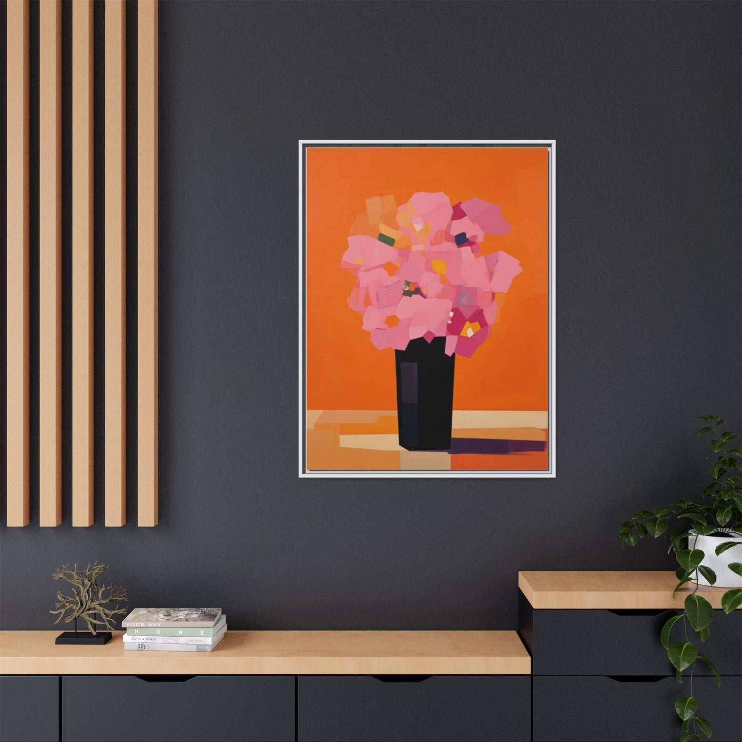 Framed Floral Canvas Art — Pink Bouquet on Orange Background