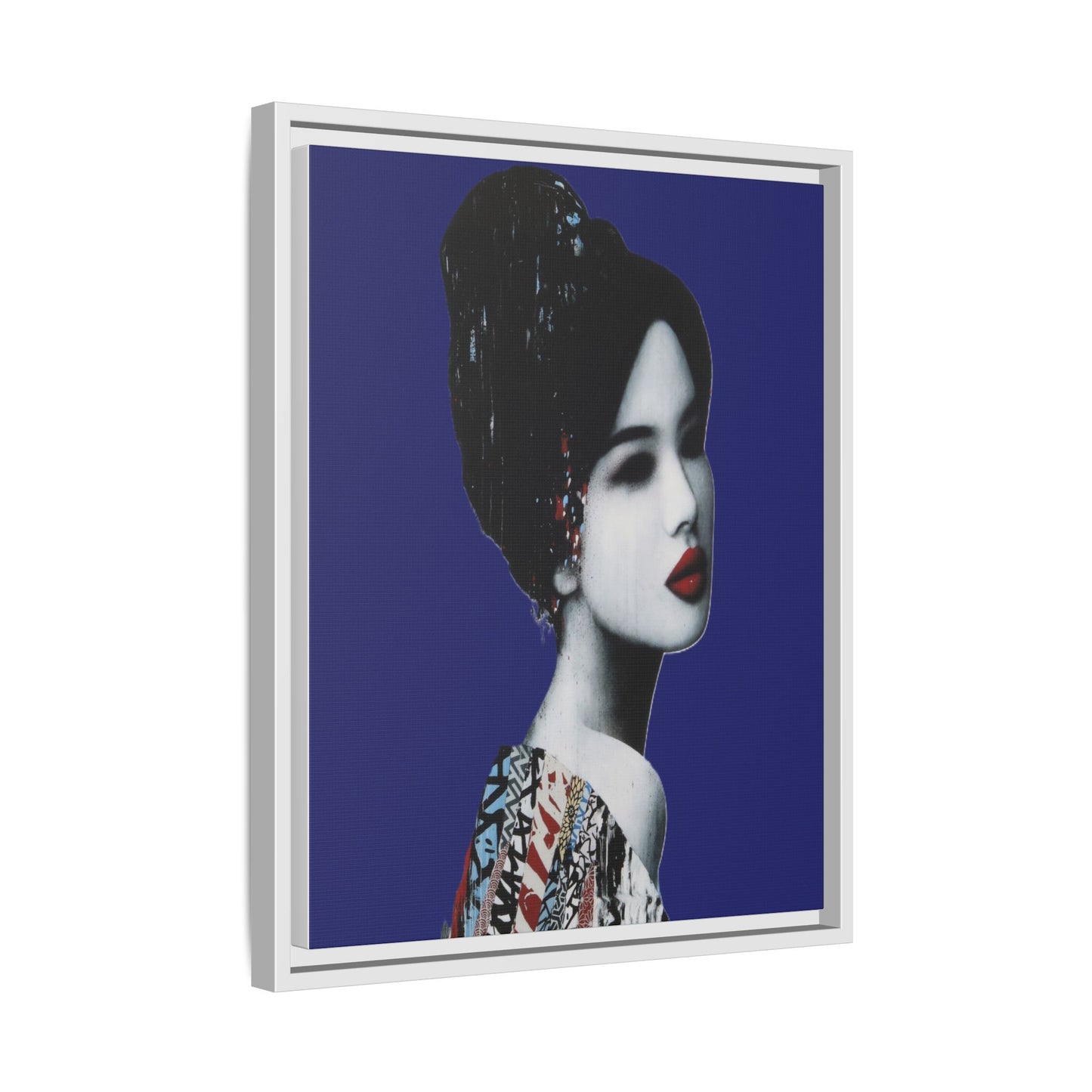 Framed Matte Canvas Art — Elegant Geisha Portrait on Deep Blue