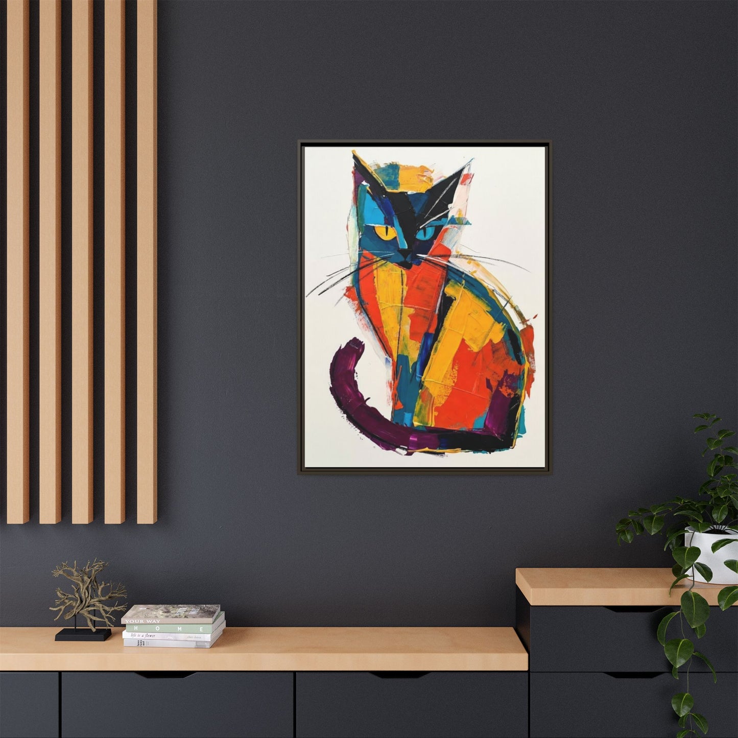 Colorful Abstract Cat Framed Canvas — Modern Matte Wall Art