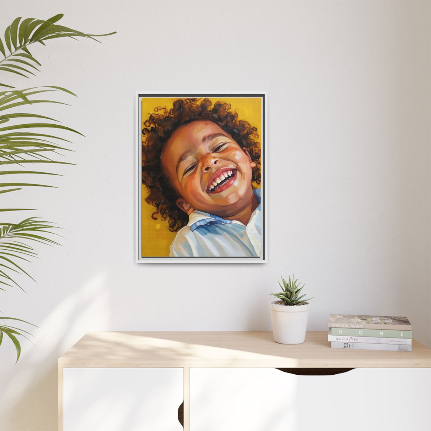 Framed Matte Canvas Print – Joyful Child Portrait, Colorful Nursery Wall Art