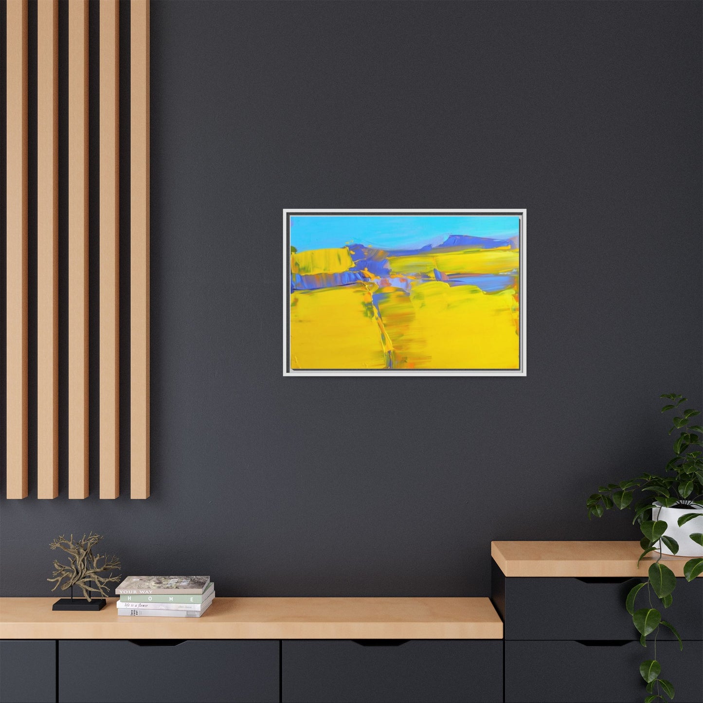 Framed Matte Canvas  Vibrant Yellow Blue Abstract Landscape Art