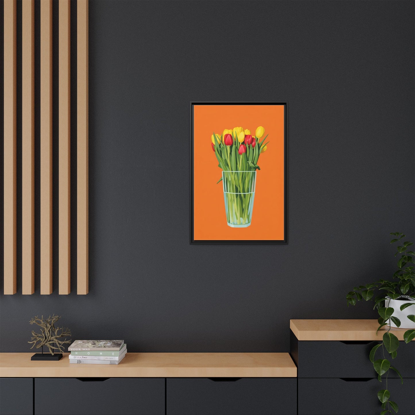 Framed Tulip Canvas Print — Colorful Tulips in Glass Vase