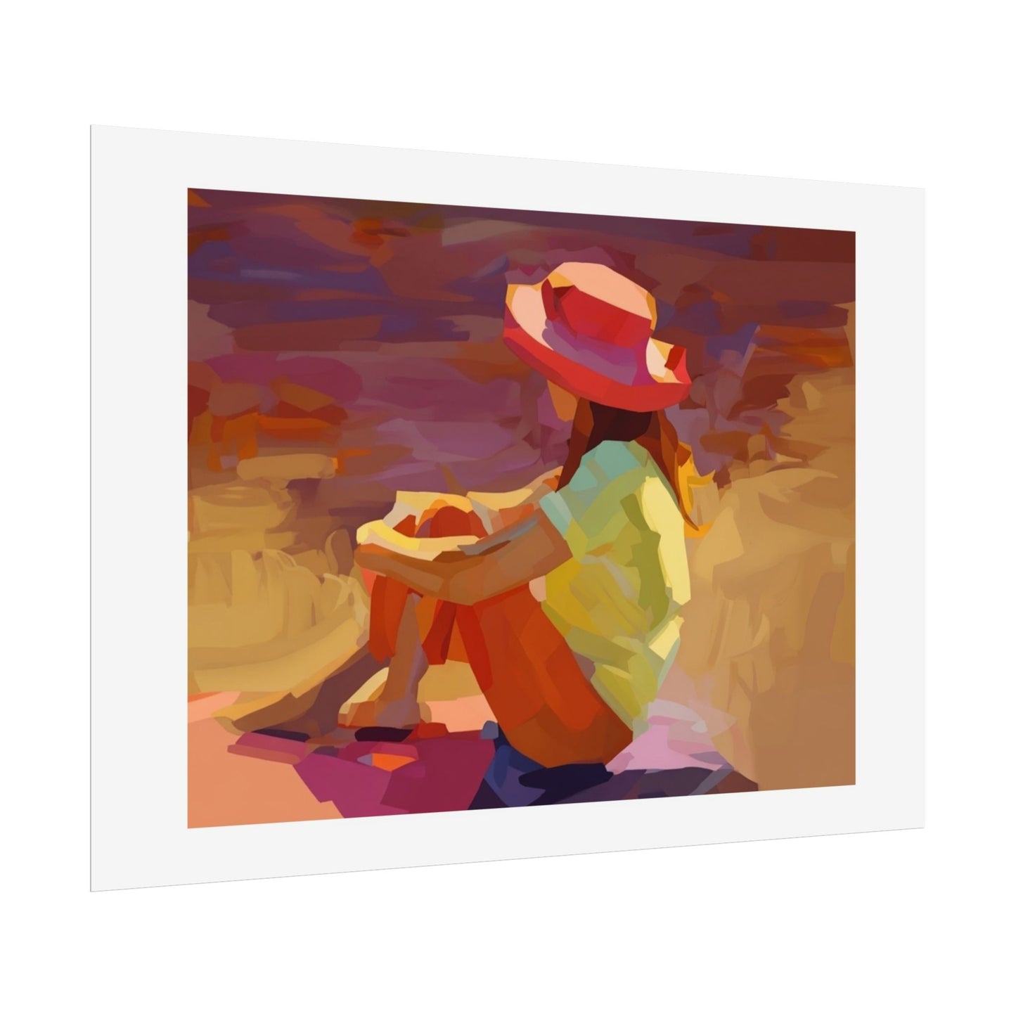 Sunset Daydream Rolled Poster — Colorful Girl in Hat Beach Art Print