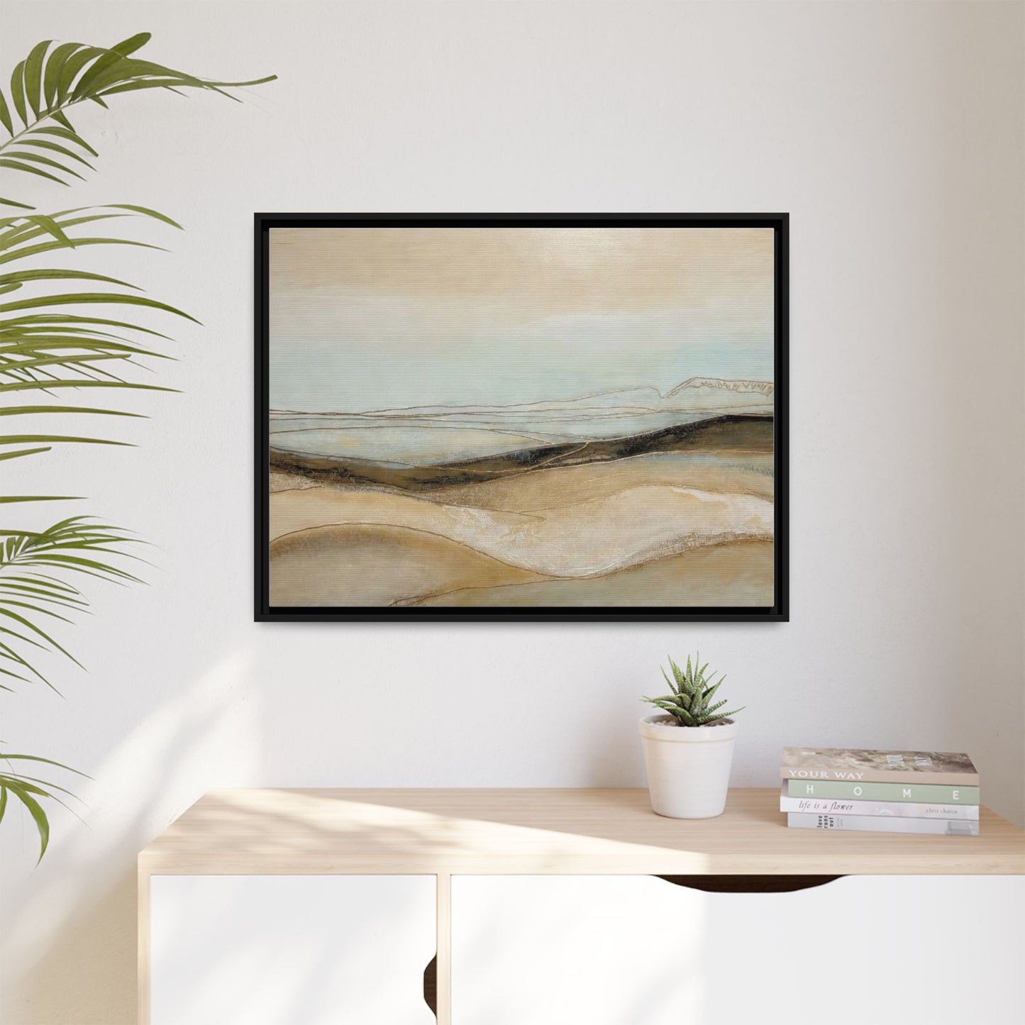 Framed Matte Canvas Wall Art — Neutral Abstract Landscape in Soft Blues & Earth Tones