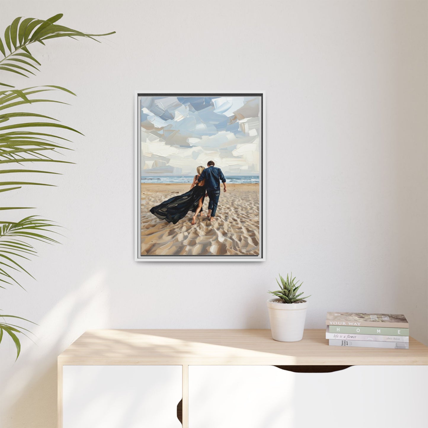 Framed Canvas Wall Art — Romantic Couple Walking on Beach Print