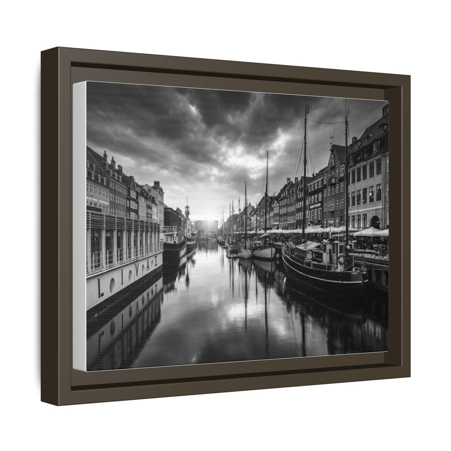 Framed Matte Canvas: Black & White Dutch Canal Photography Wall Art