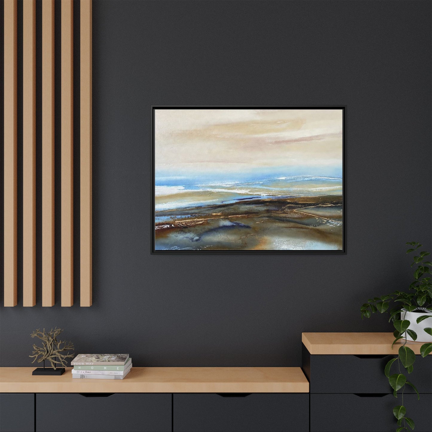 Framed Abstract Seascape Matte Canvas — Coastal Blue & Earth Tone Wall Art