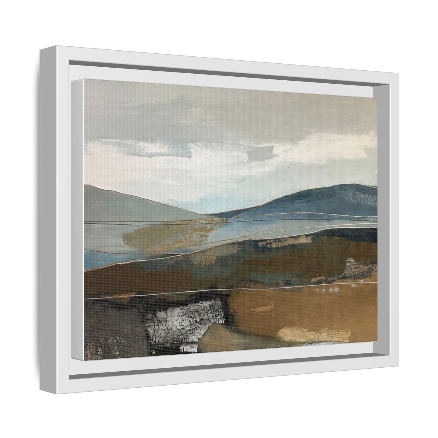 Framed Matte Canvas Landscape Art - Serene Abstract Hills in Blue & Earth Tones