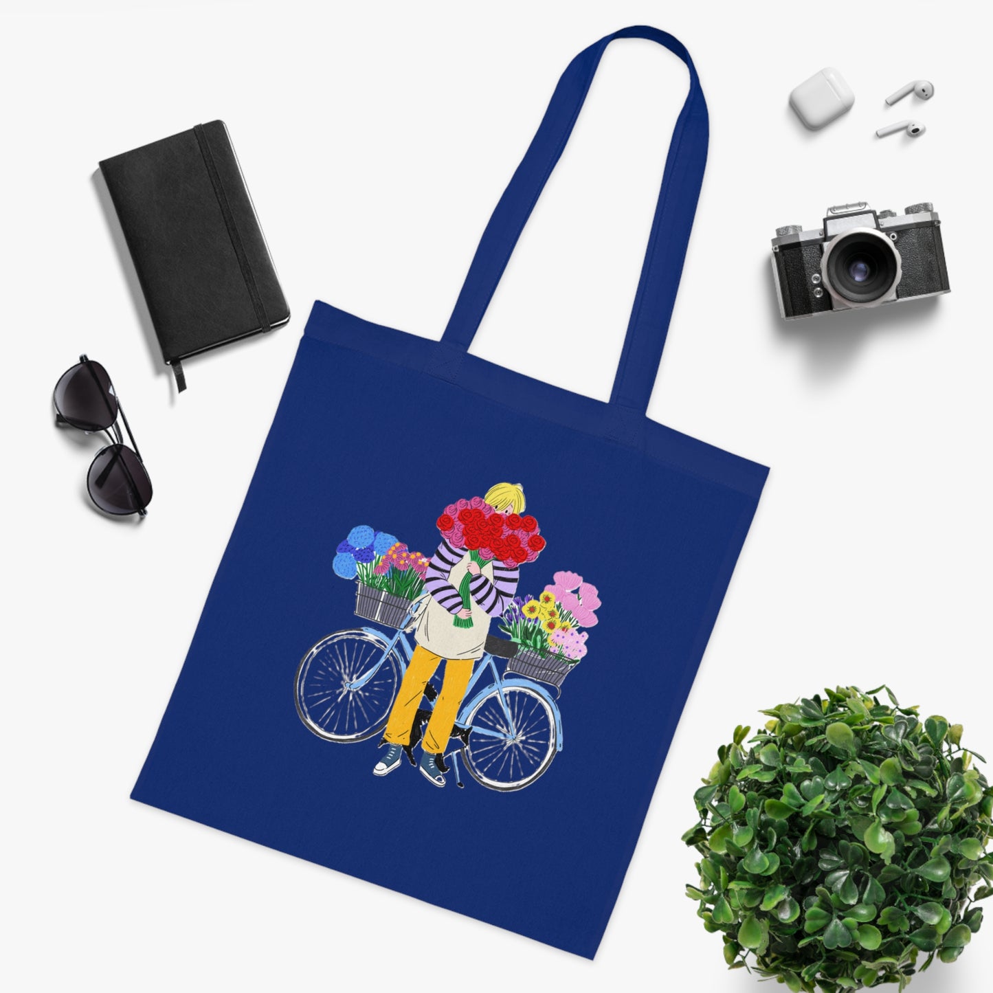 Floral Bike Tote Bag — Cotton Market Tote with Colorful Flower Bicycle Design