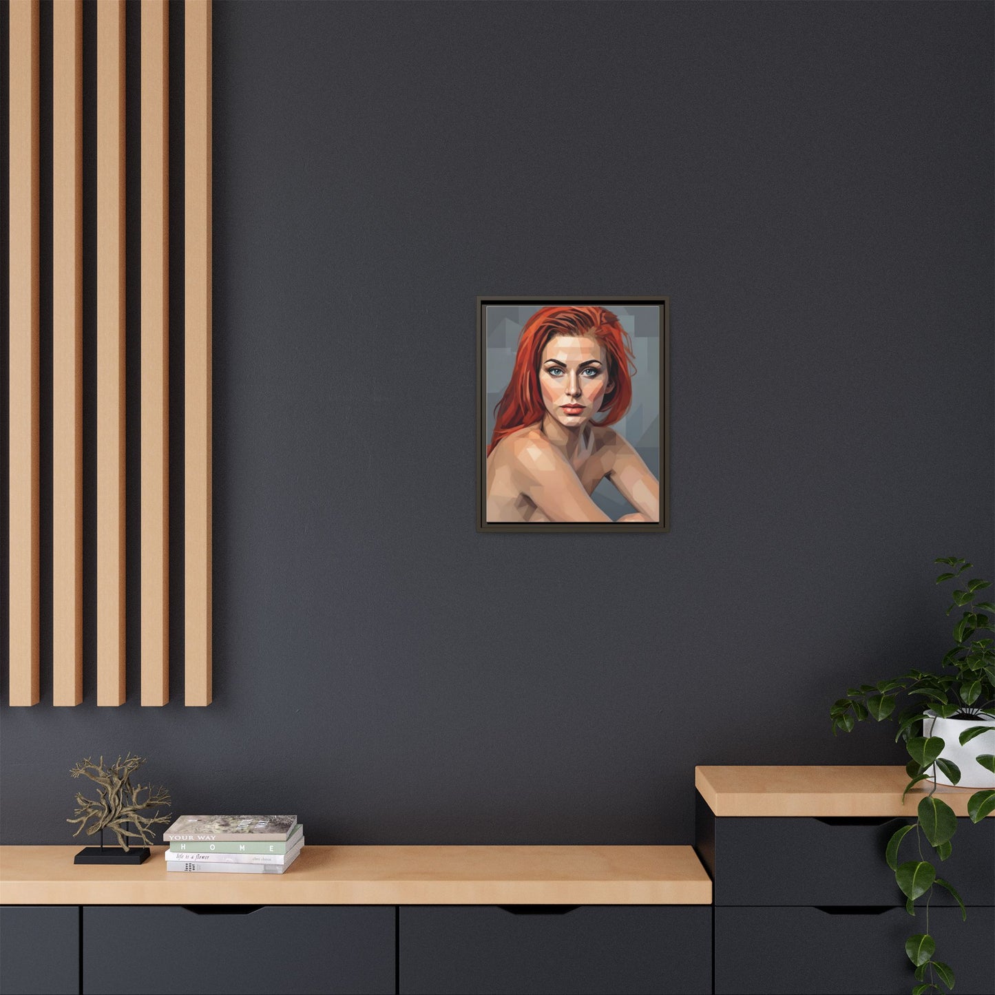 Framed Matte Canvas Portrait — Geometric Redhead Wall Art