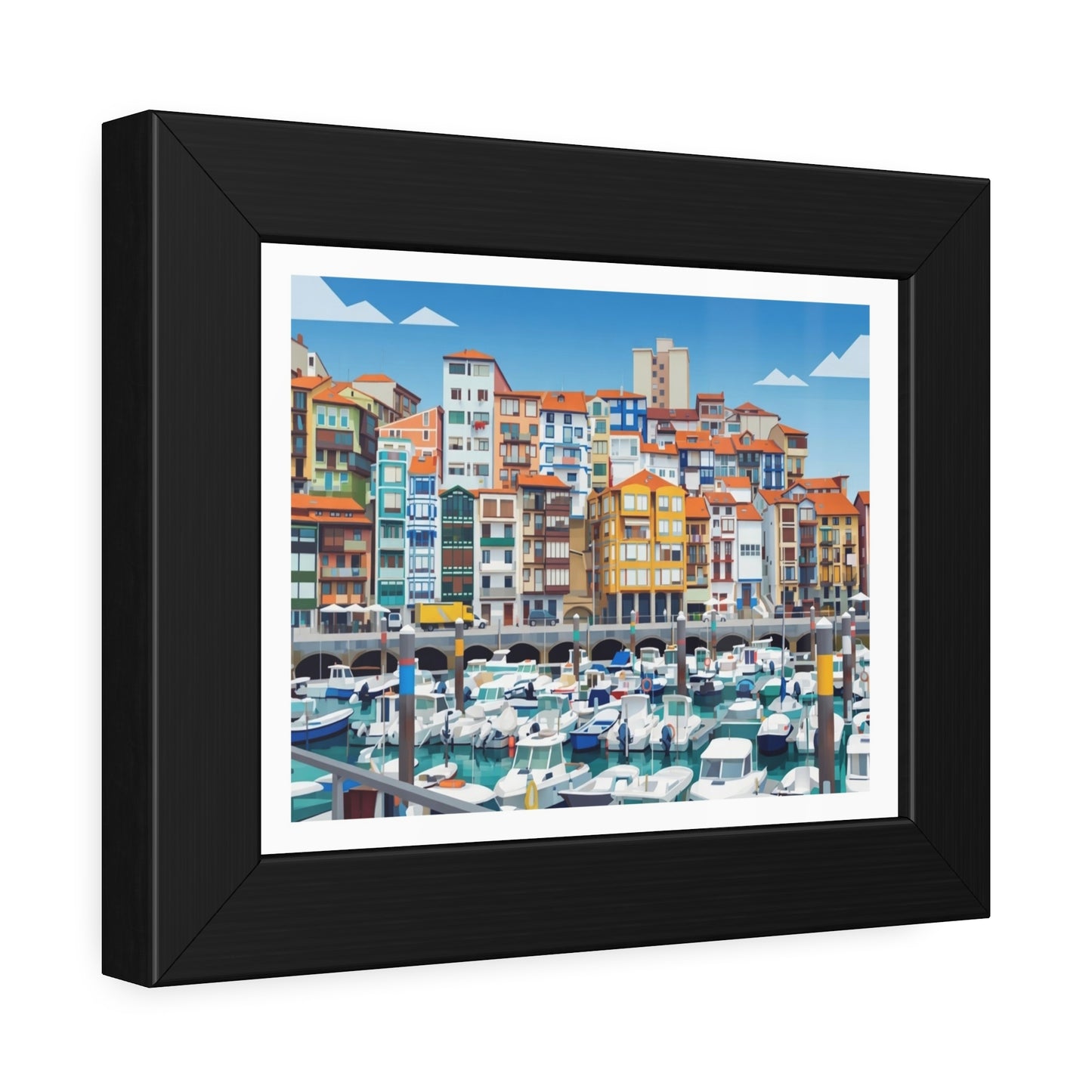 Harbor Marina Framed Poster — Colorful Coastal Cityscape Wall Art