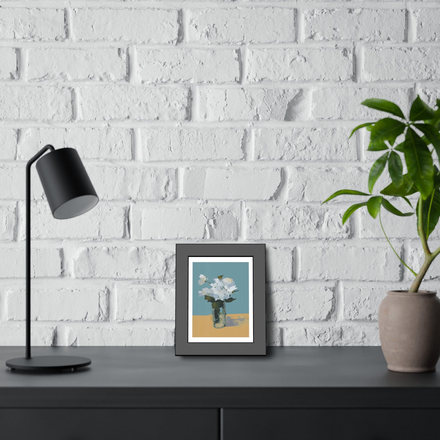 Framed Floral Poster - Modern White Blossoms in Vase Wall Art