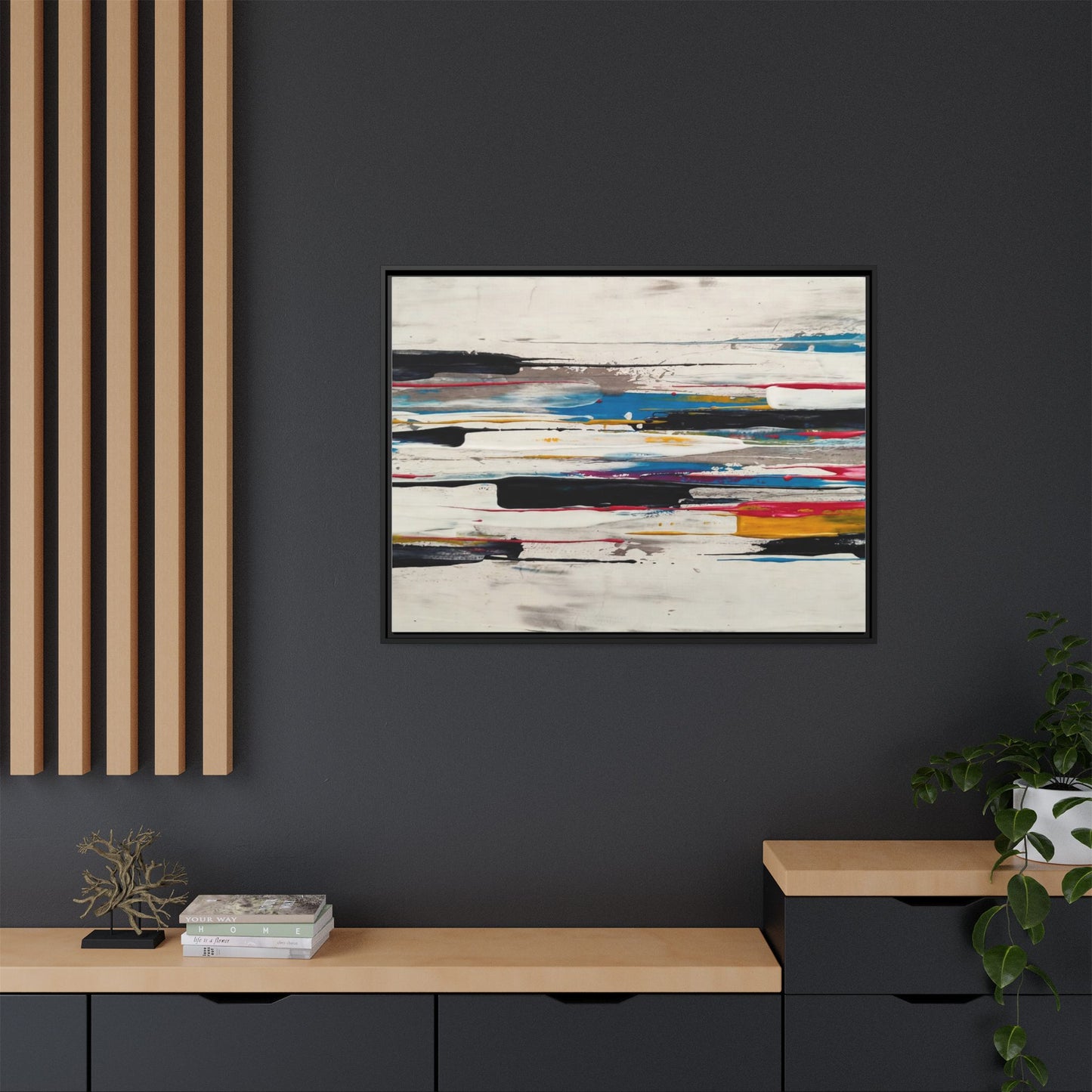 Abstract Multi-Color Framed Canvas Wall Art — Modern Horizontal Brushstroke Print
