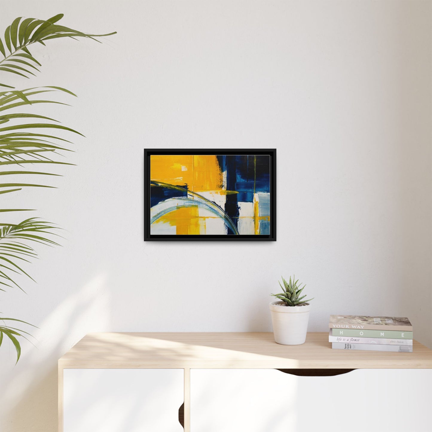 Abstract Yellow & Blue Framed Canvas Wall Art — Modern Matte Canvas Print