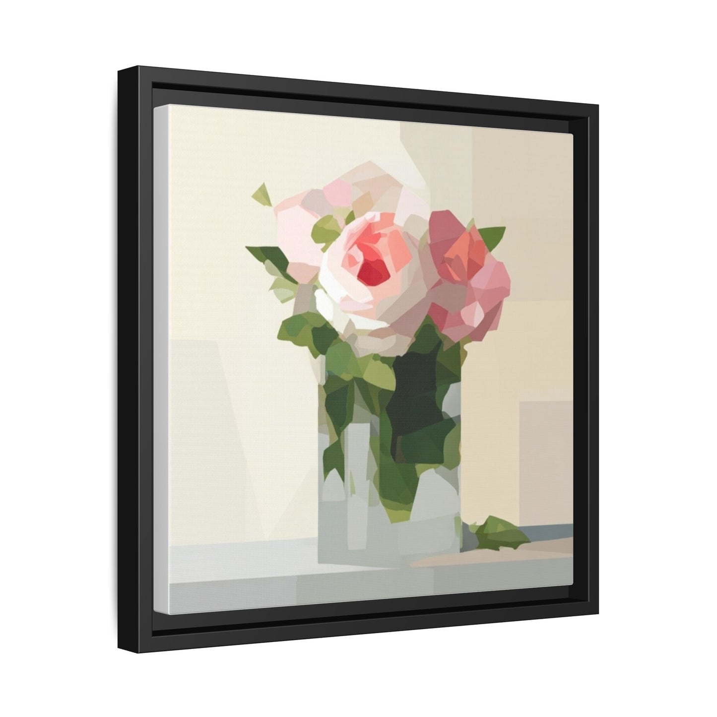 Framed Floral Canvas Print — Geometric Pink Rose Wall Art