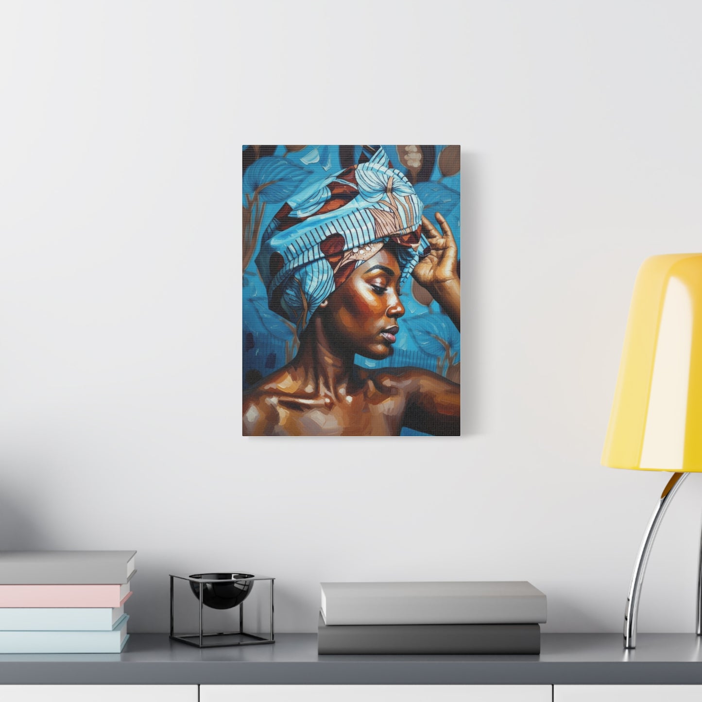 African Woman Portrait Canvas Wall Art - Blue Headwrap Matte Stretched Canvas
