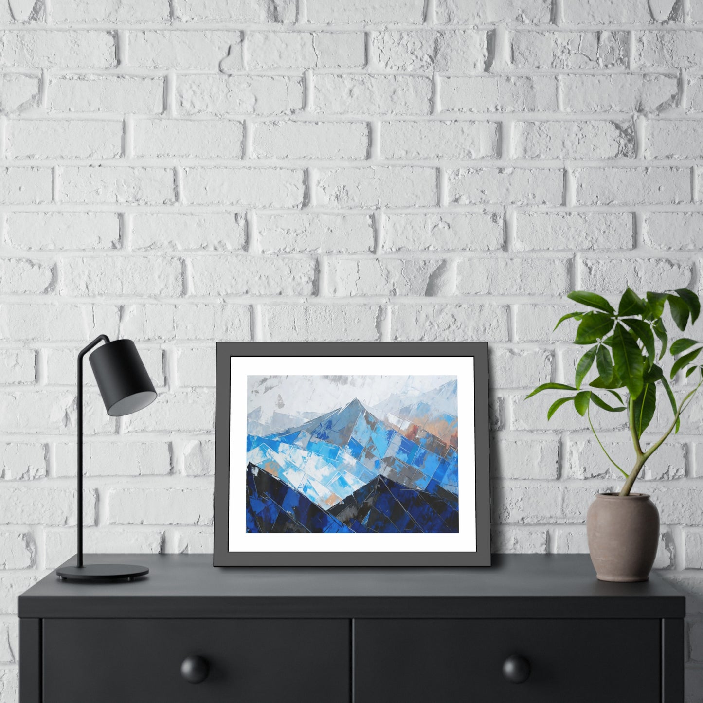 Framed Mountain Art Print — Blue Abstract Landscape Poster