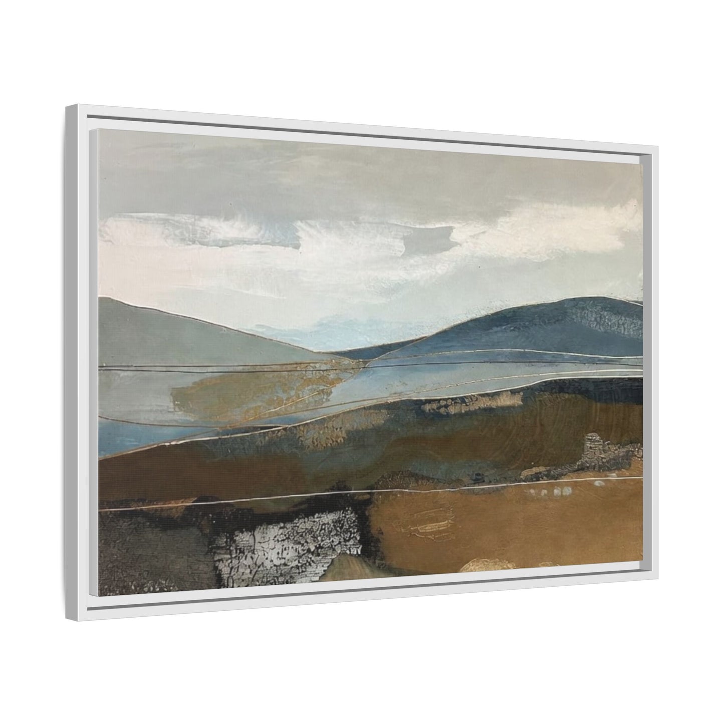 Framed Matte Canvas Landscape Art - Serene Abstract Hills in Blue & Earth Tones