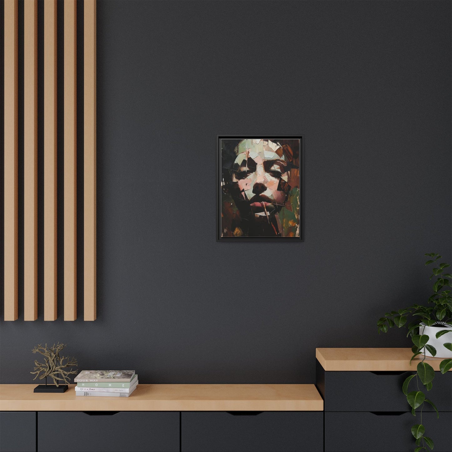 Matte Framed Canvas Art — Abstract Female Portrait, Moody Multicolor