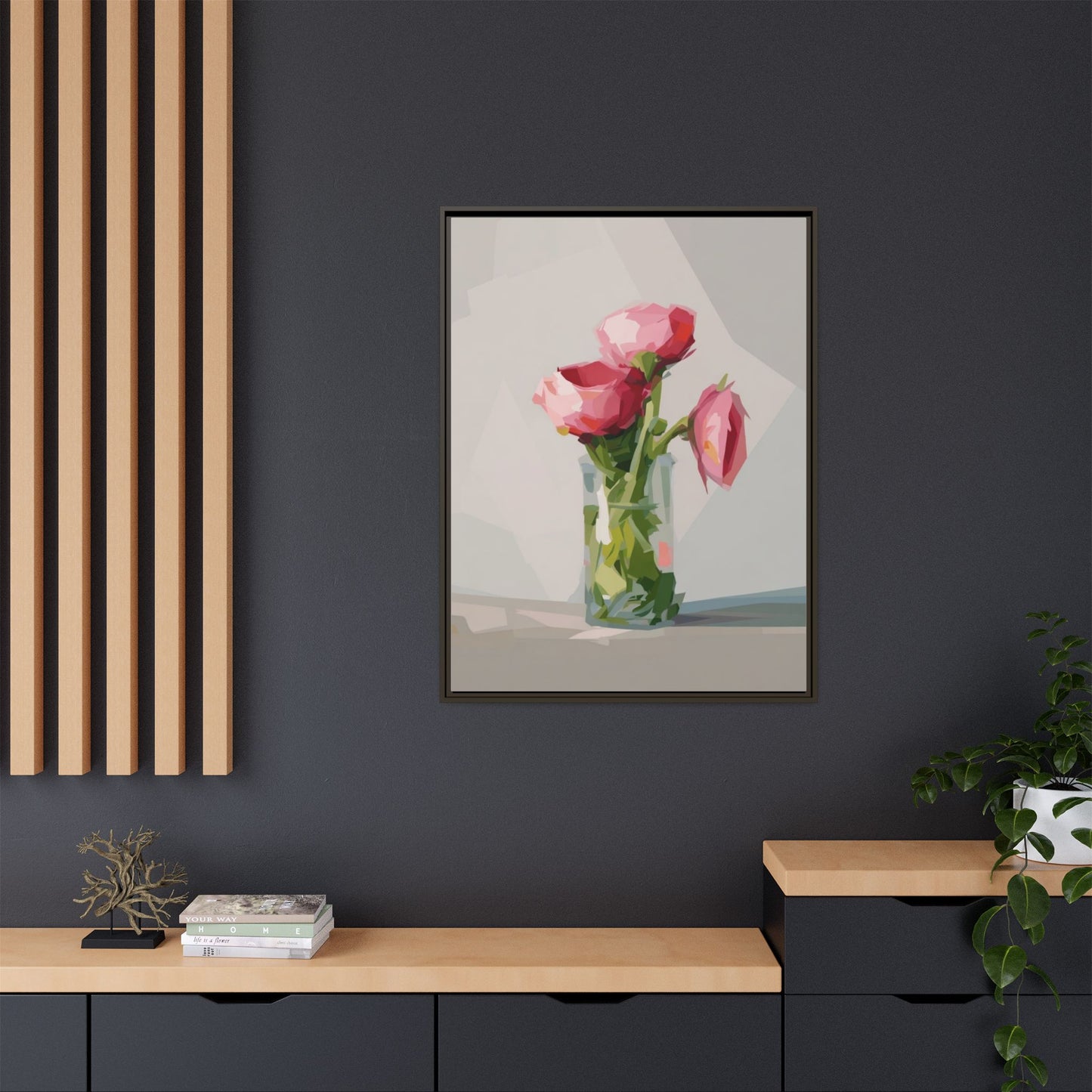 Framed Canvas Art — Pink Roses in Vase, Modern Floral Wall Print