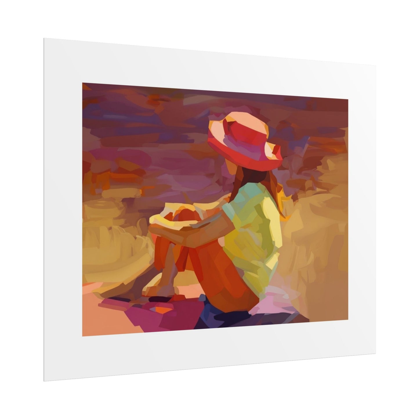 Sunset Daydream Rolled Poster — Colorful Girl in Hat Beach Art Print