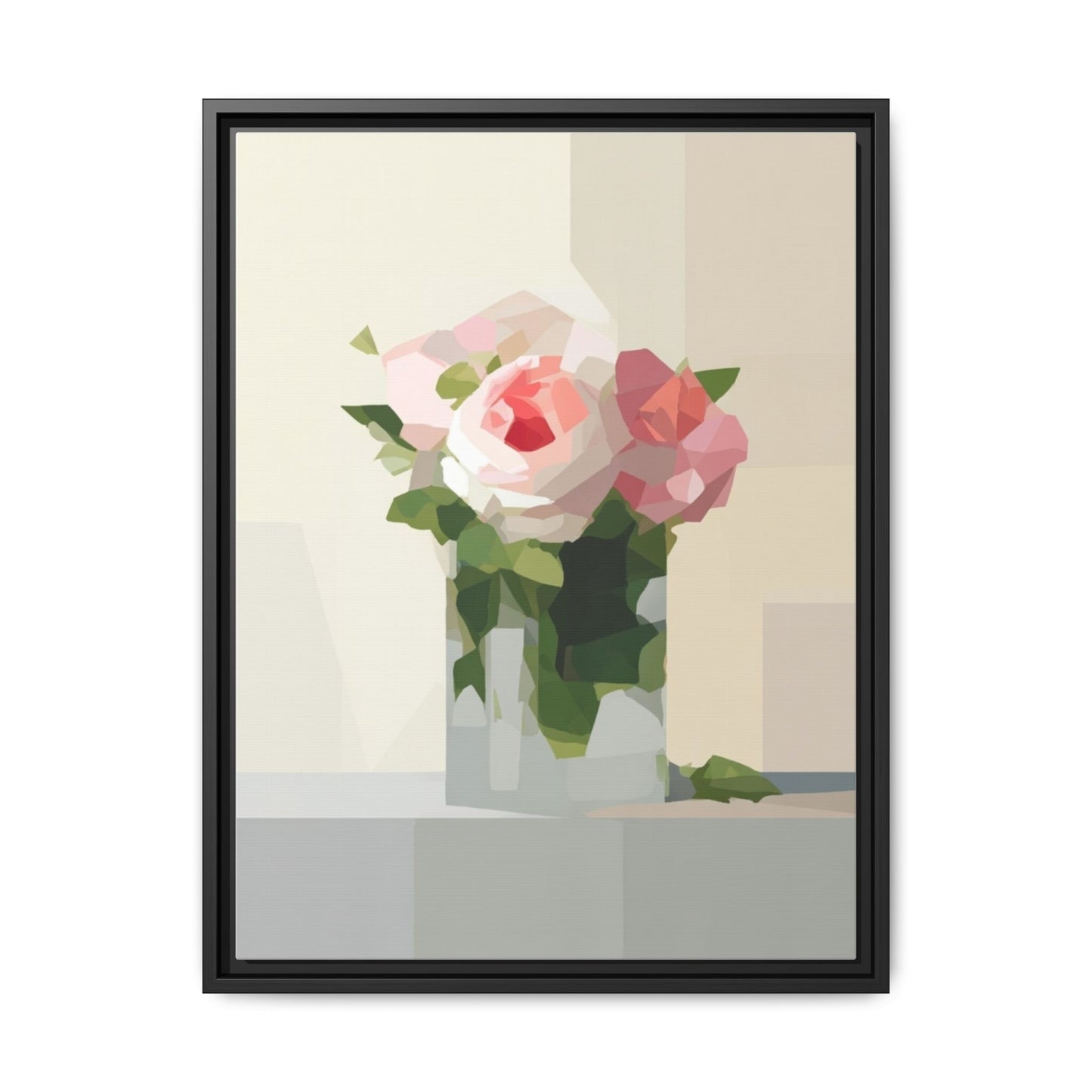 Framed Floral Canvas Print — Geometric Pink Rose Wall Art