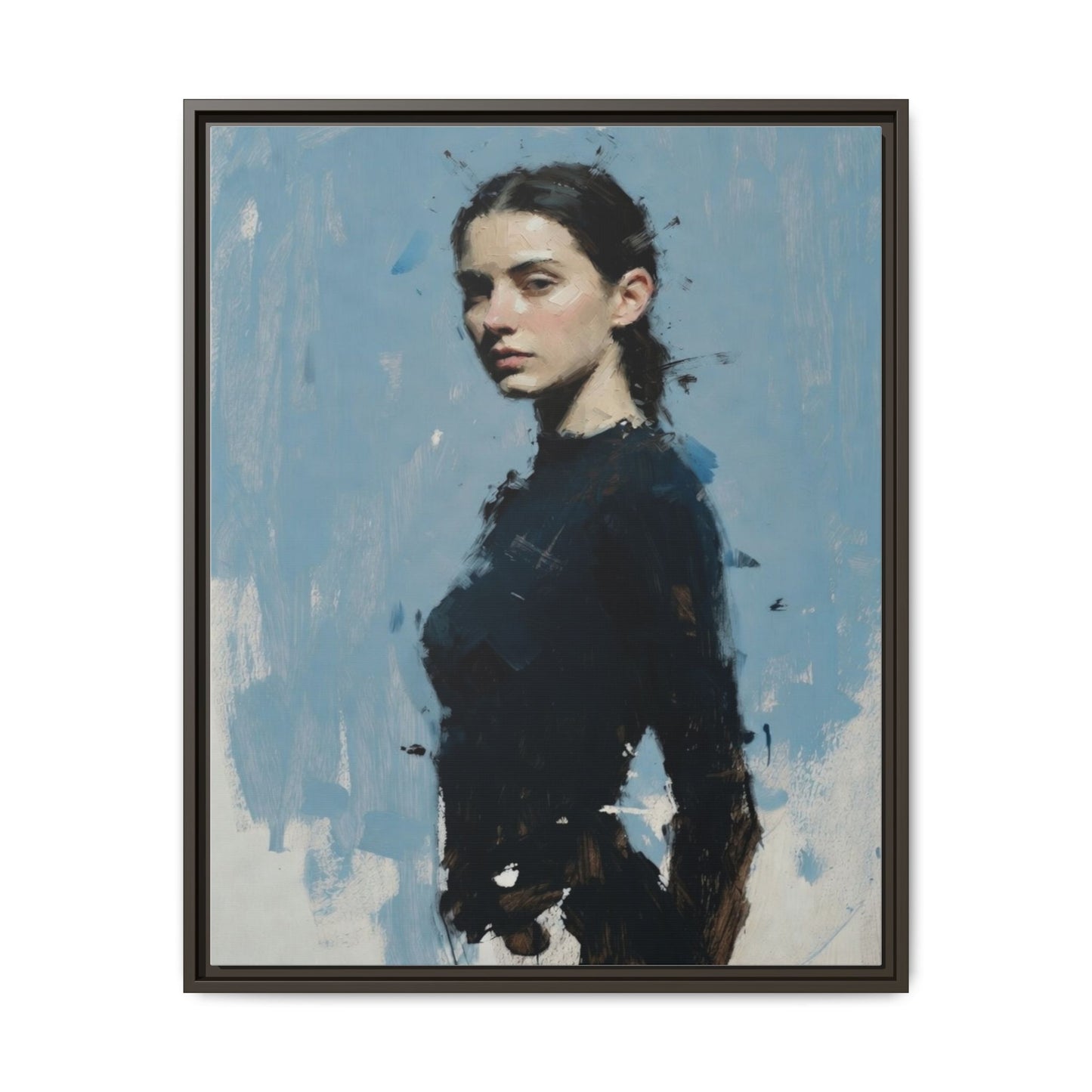 Framed Matte Canvas Portrait Print — Elegant Blue Woman Art