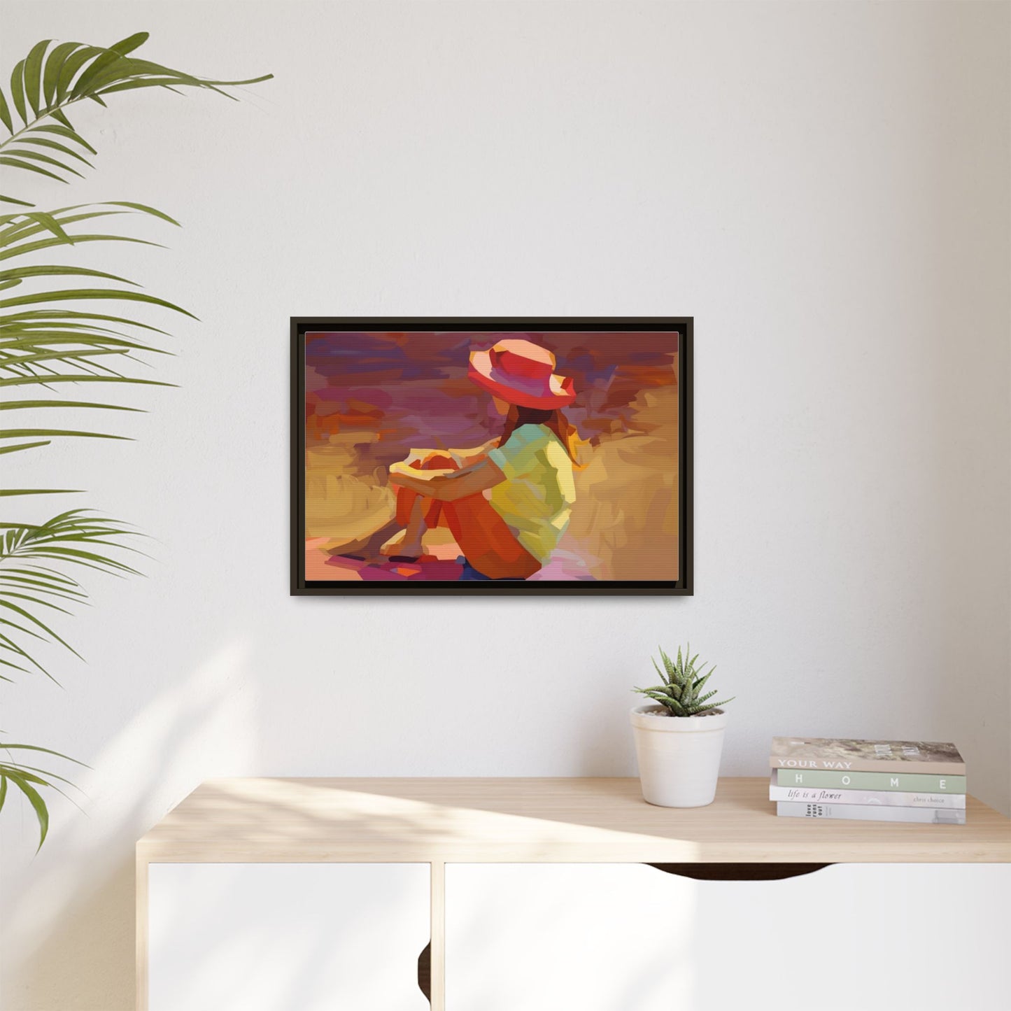 Framed Matte Canvas — Colorful Seated Girl Beach Art