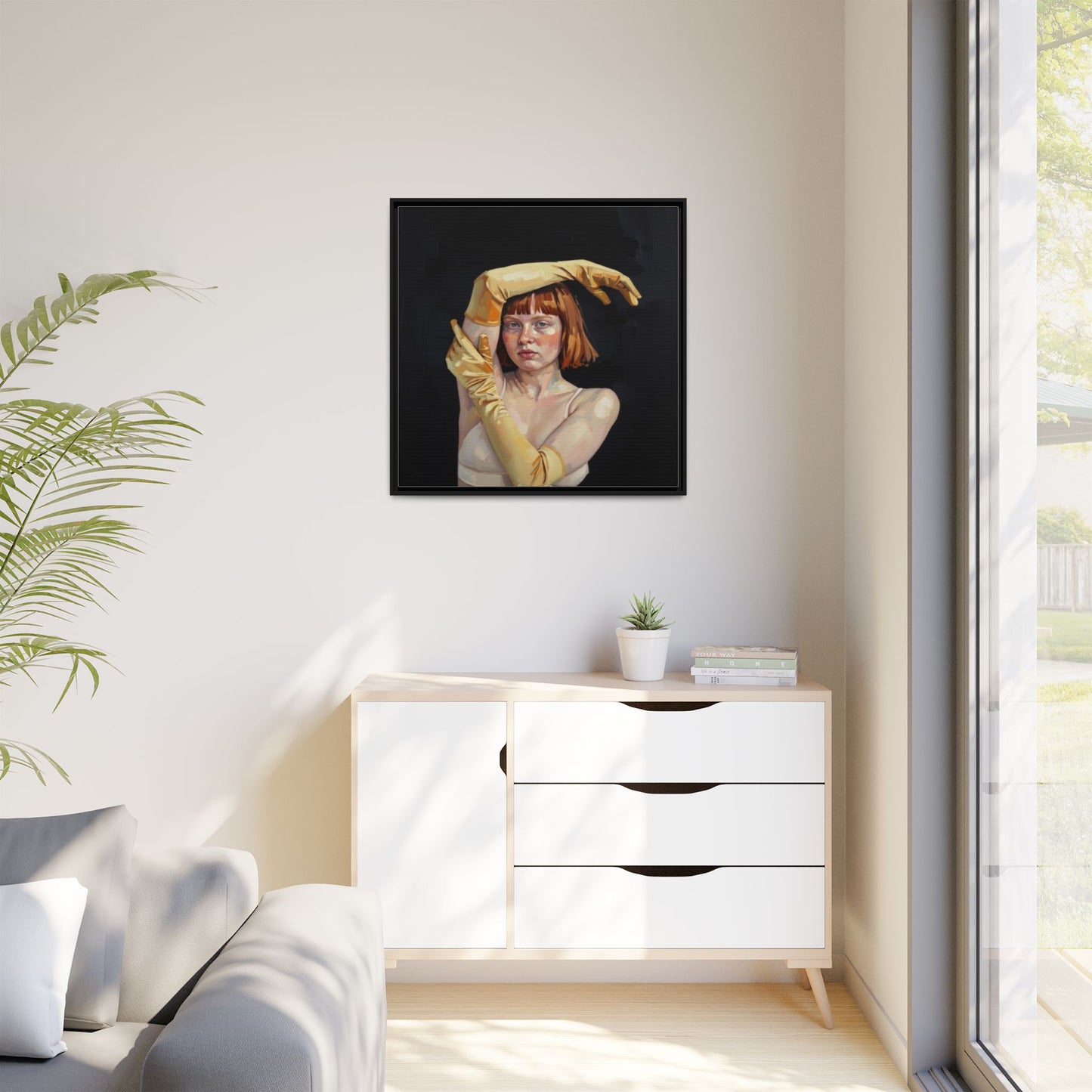 Framed Matte Canvas Art – Portrait of Woman in Yellow Gloves