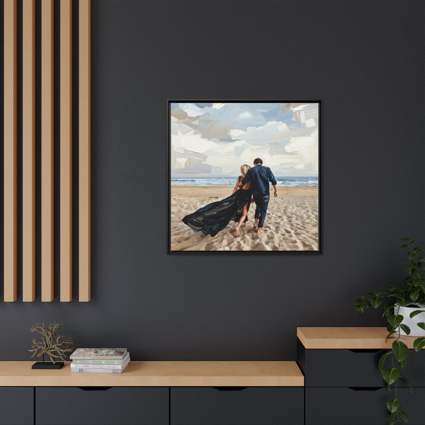 Framed Canvas Wall Art — Romantic Couple Walking on Beach Print