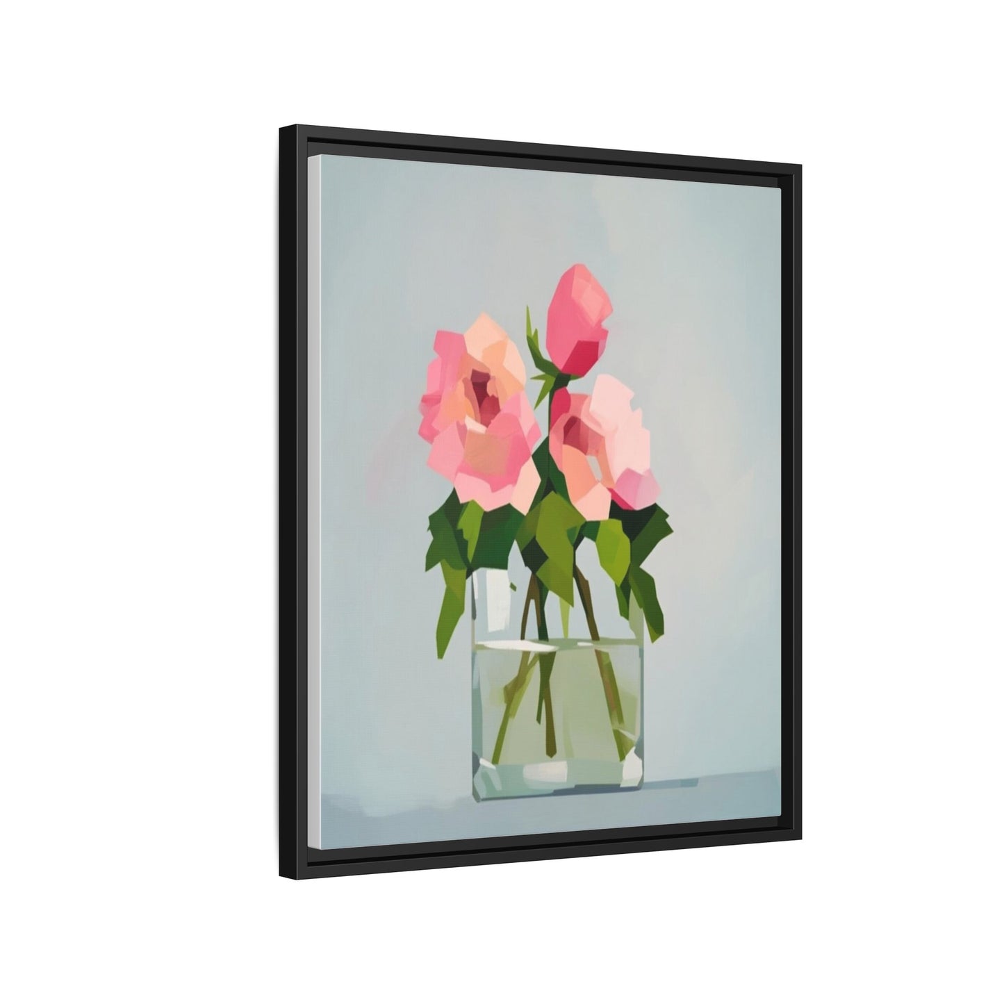 Framed Floral Canvas Print — Pink Roses in Glass Vase (Matte)