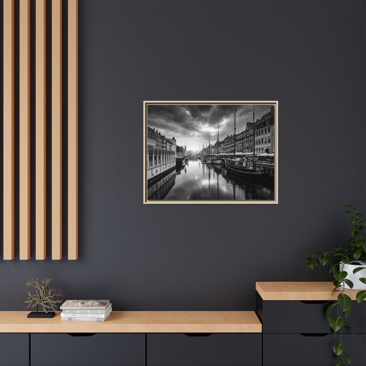 Framed Matte Canvas: Black & White Dutch Canal Photography Wall Art