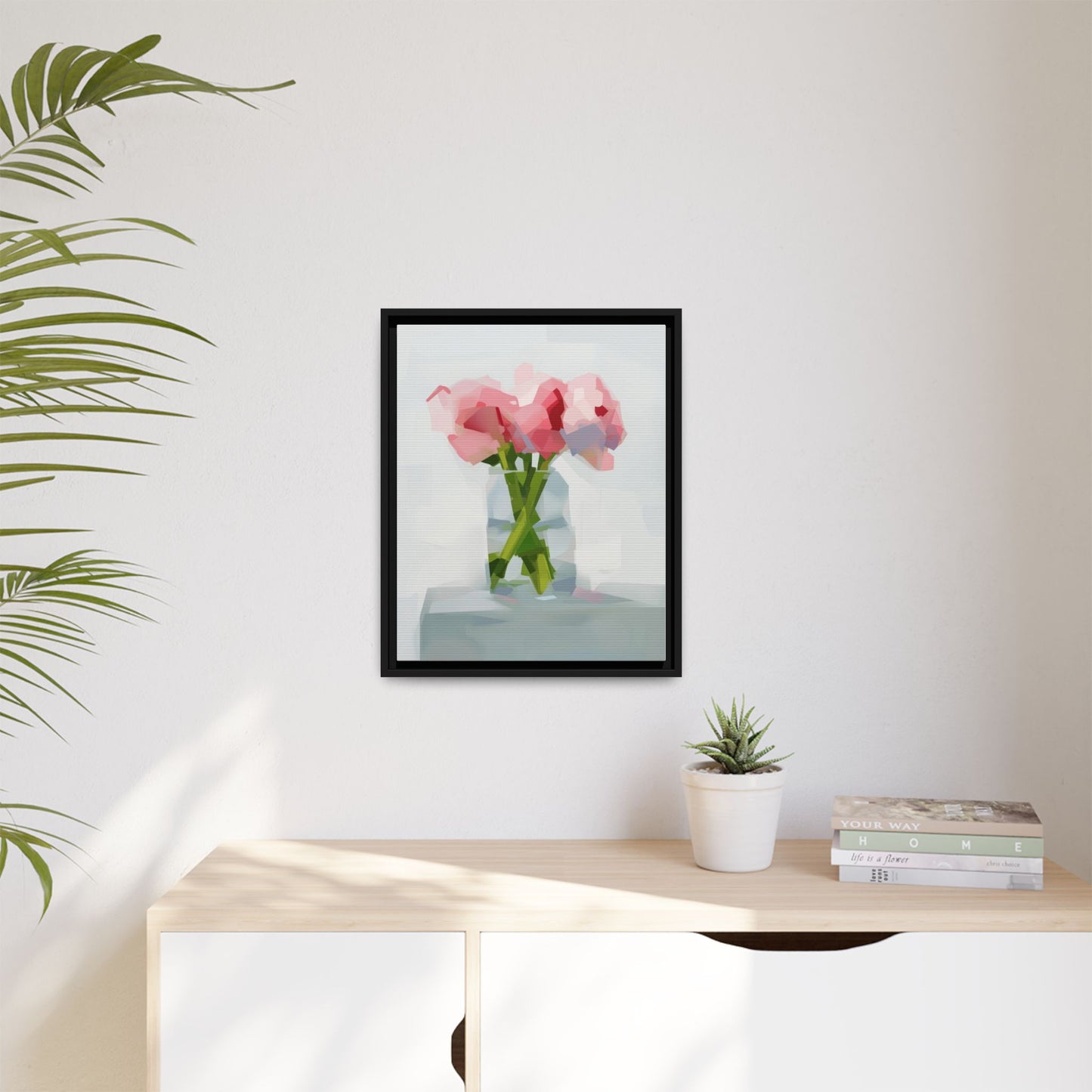 Framed Floral Canvas Art — Pink Peonies in Vase (Matte)