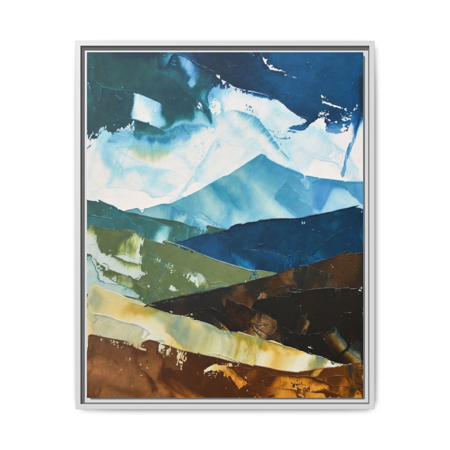 Framed Abstract Mountain Canvas Art — Blue & Earthtone Landscape Print