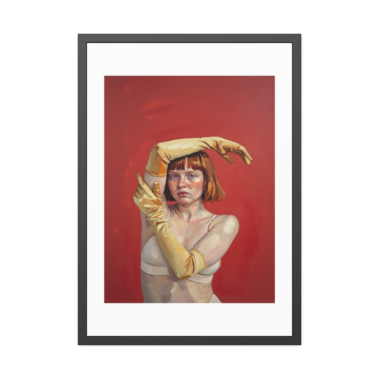 Framed Art Print — Retro Portrait with Yellow Gloves on Red Background