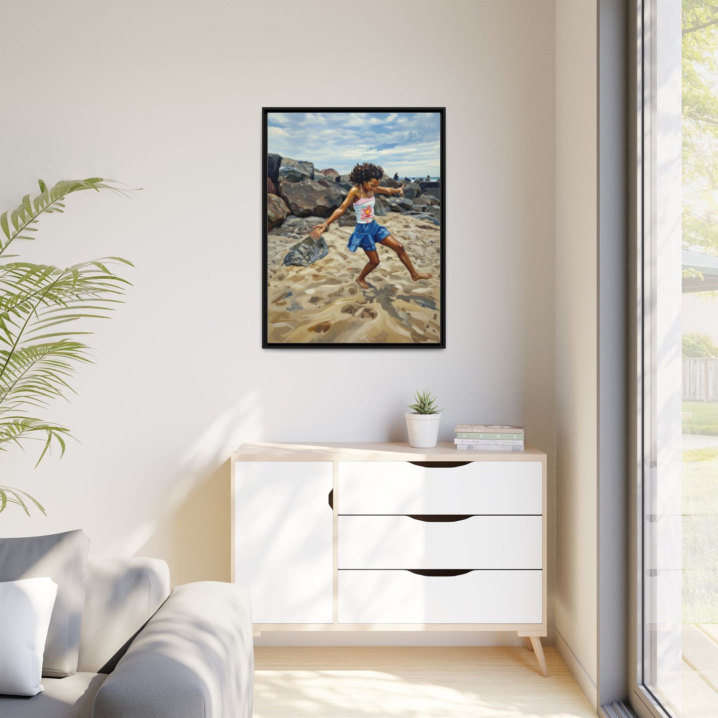Framed Canvas Art - Girl Dancing on the Beach (Matte Multi-Color)