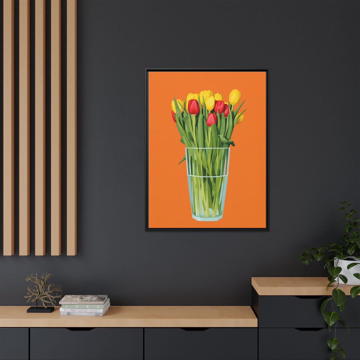 Framed Tulip Canvas Print — Colorful Tulips in Glass Vase