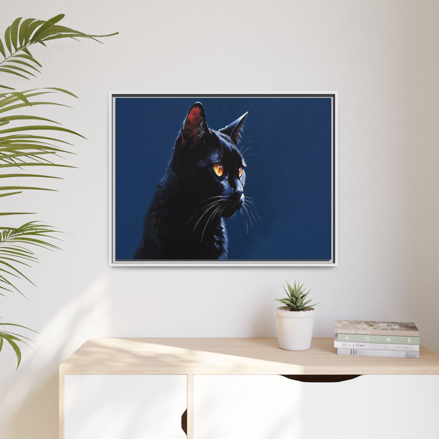 Black Cat Portrait Matte Canvas Framed Wall Art — Dramatic Feline Photo Print