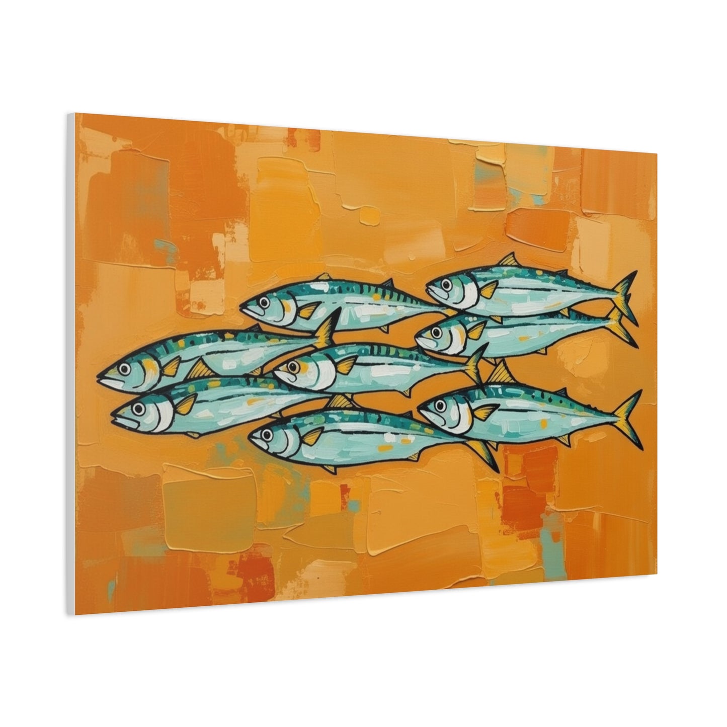 School of Mackerel Canvas Wall Art — Nautical Fish Painting on Orange Background