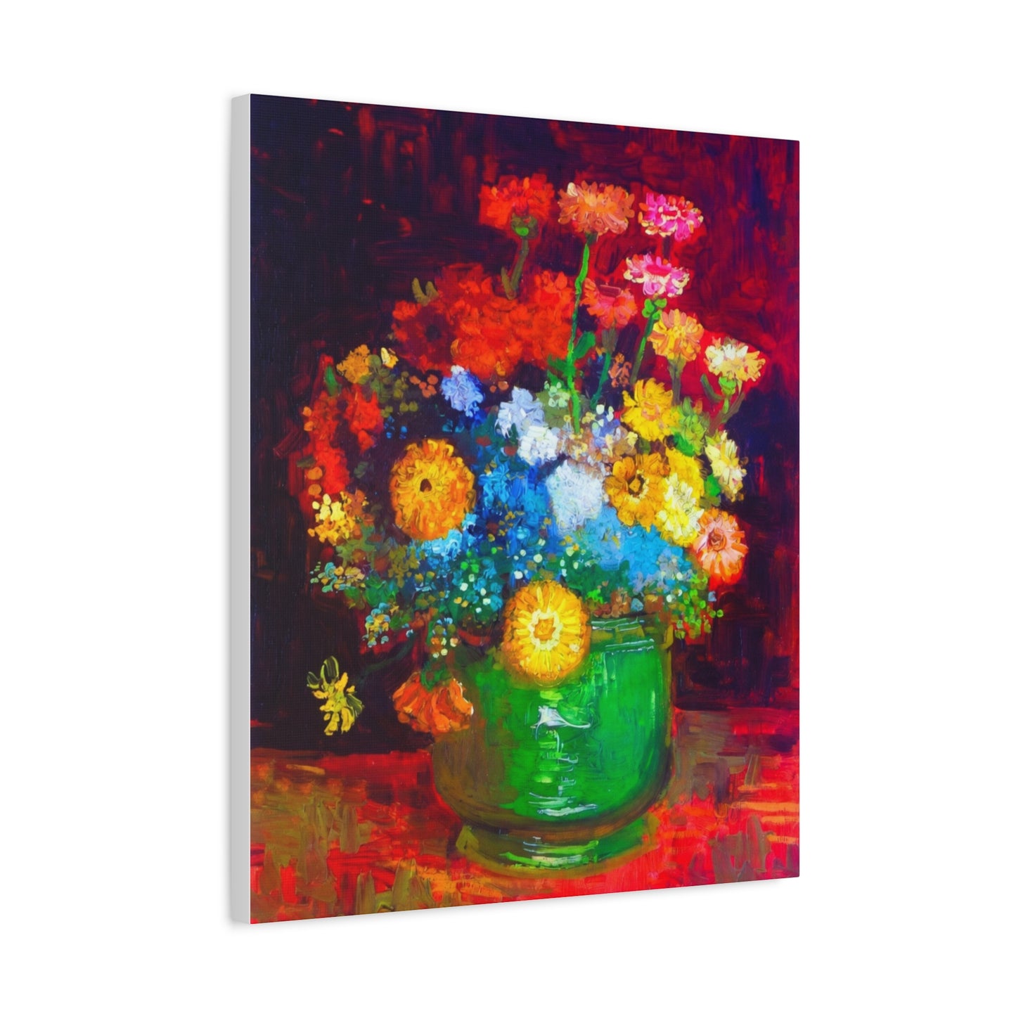 Floral Still Life Canvas Print — Vibrant Bouquet in Green Vase