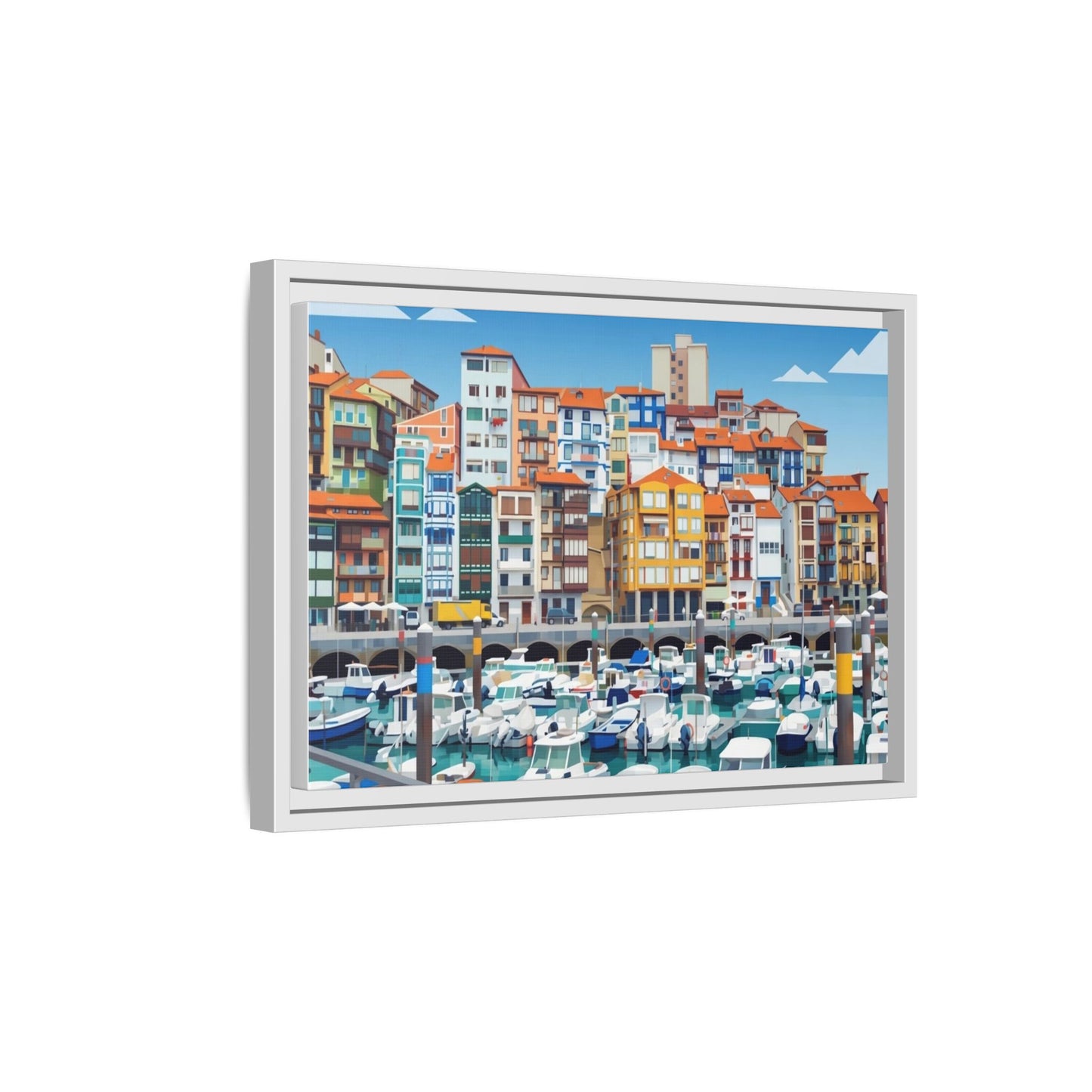 Framed Matte Canvas Print — Colorful Mediterranean Harbor Illustration