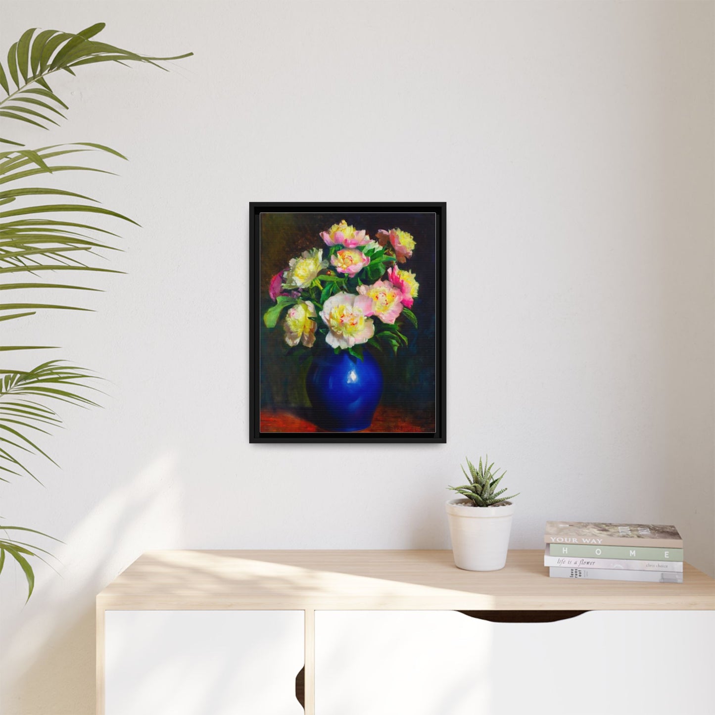 Framed Matte Canvas Wall Art — Vintage Floral Bouquet in Blue Vase