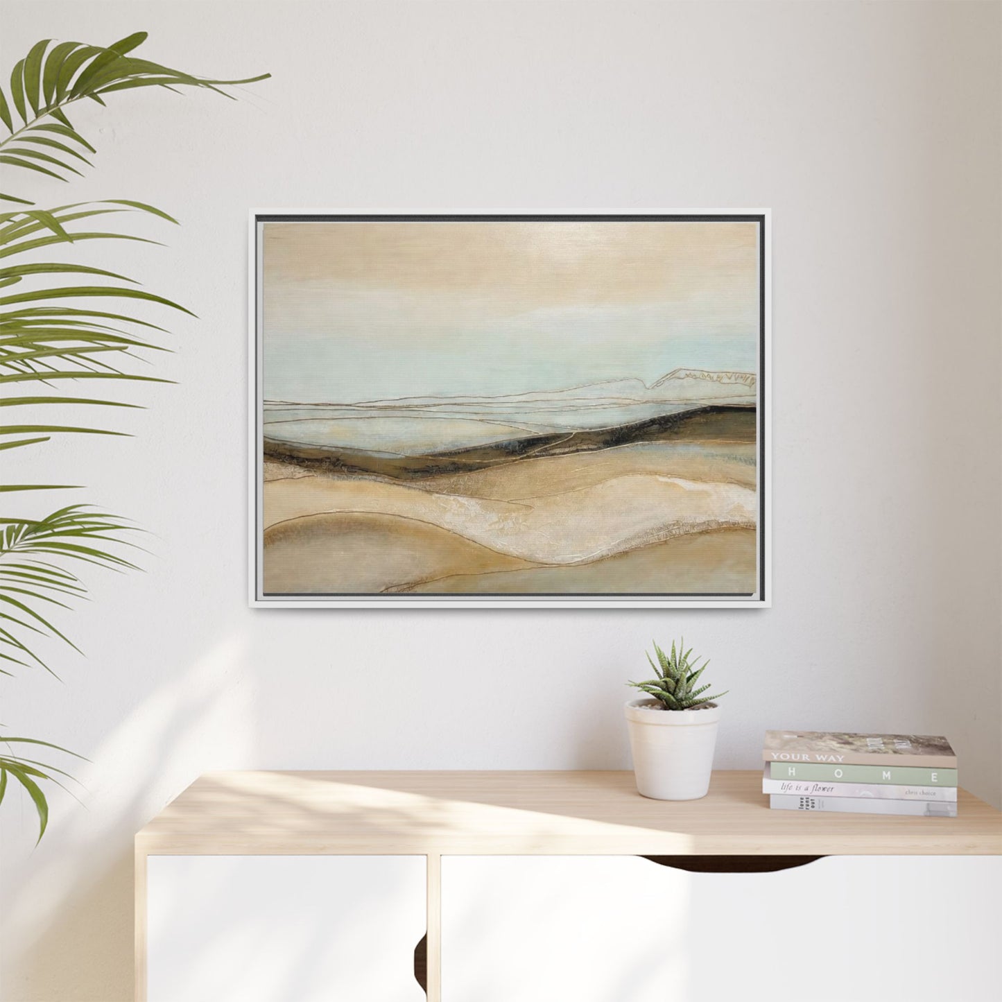 Framed Matte Canvas Wall Art — Neutral Abstract Landscape in Soft Blues & Earth Tones