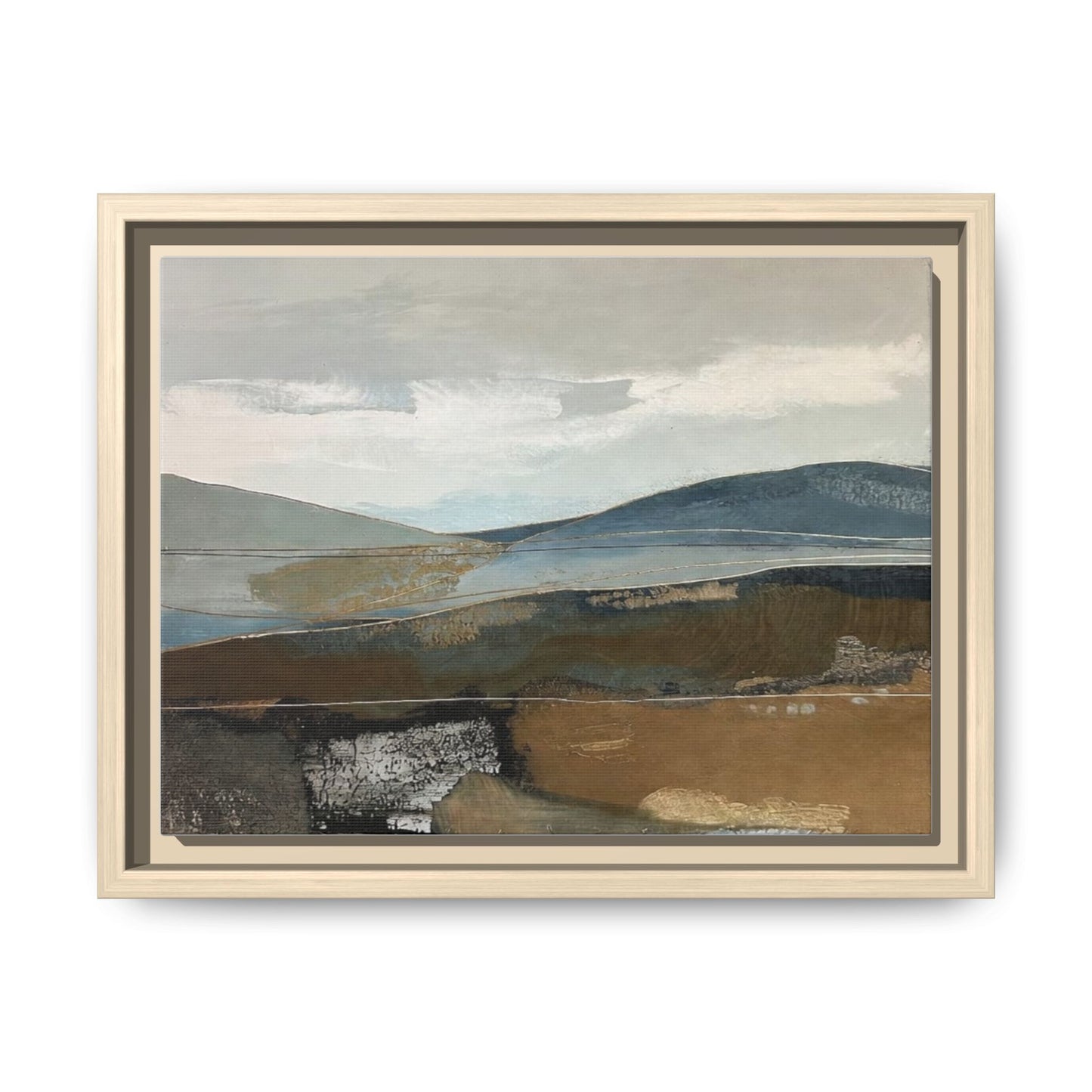 Framed Matte Canvas Landscape Art - Serene Abstract Hills in Blue & Earth Tones
