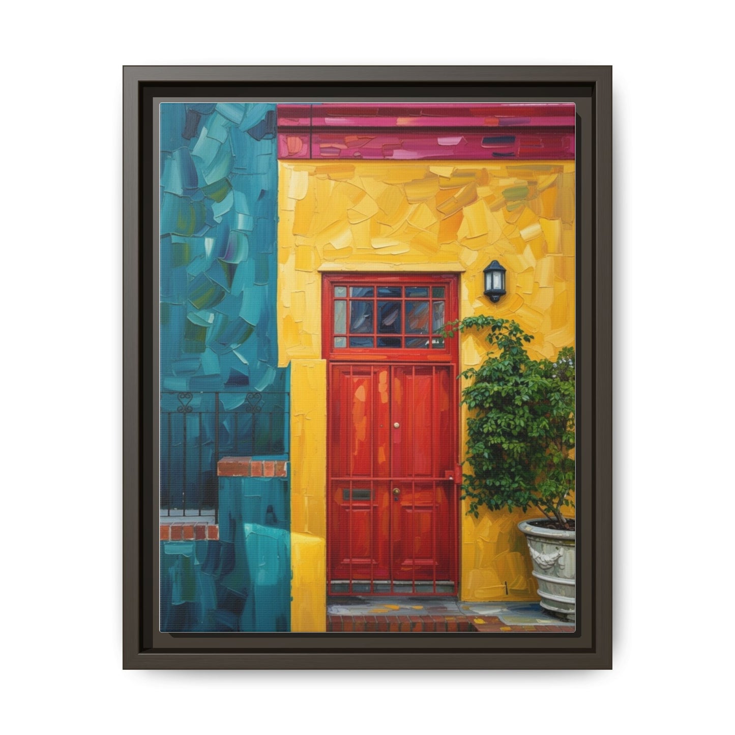 Framed Matte Canvas Wall Art — Colorful Red Door on Yellow Facade